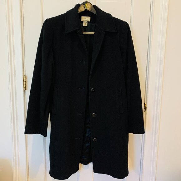 WOMEN'S CLASSIC LL BEAN BLACK WOOL LONG OVER COAT PEA COAT 90s 80s - Picture 1 of 15